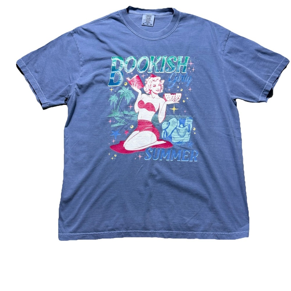 Comfort Colors Bookish Girly Summer T Shirt‎ XL Blue Graphic Tee Beach Retro